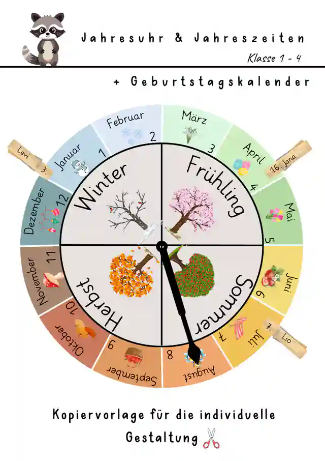 Jahresuhr und Jahreszeiten| Jahreszeiten und Geburtstagskalender | Klasse 1-4 | Bastelvorlage