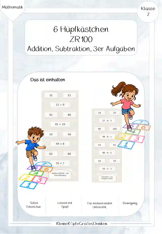 6 Hüpfkästchen - ZR100 Addition, Subtraktion, 3er Aufgaben