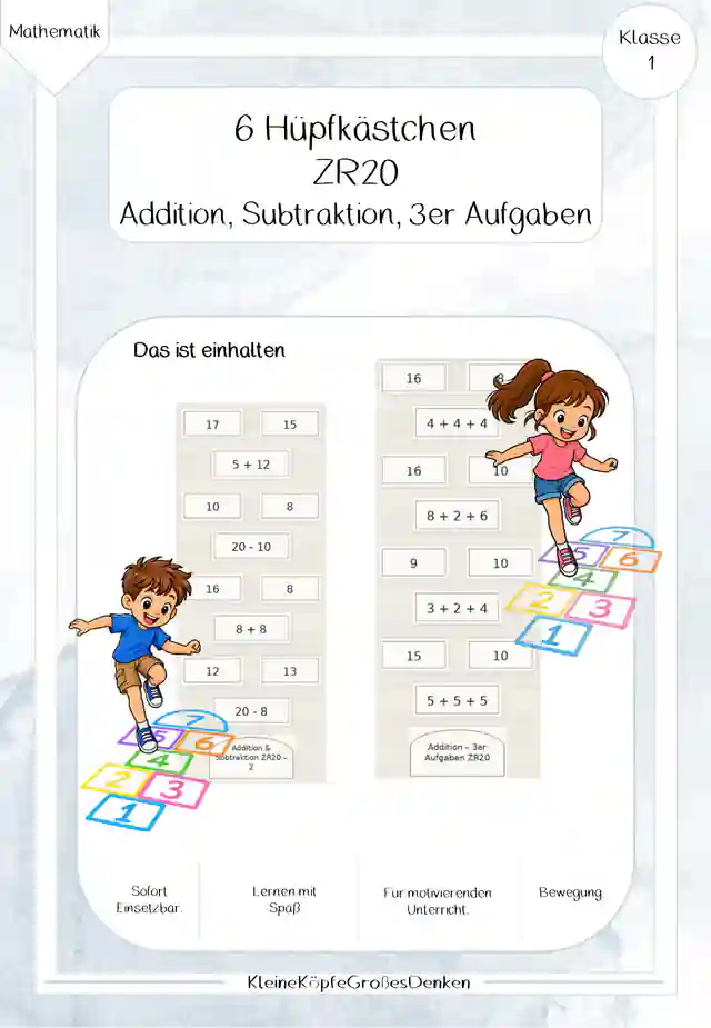6 Hüpfkästchen - ZR20 Addition, Subtraktion, 3er Aufgaben
