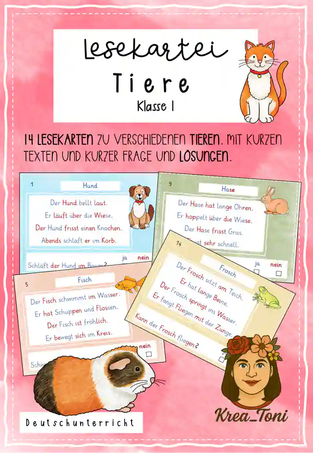 Lesekartei Tiere Klasse 1 – 14 Lesekarten mit Ja-Nein-Fragen & Lösungen für Leseanfänger