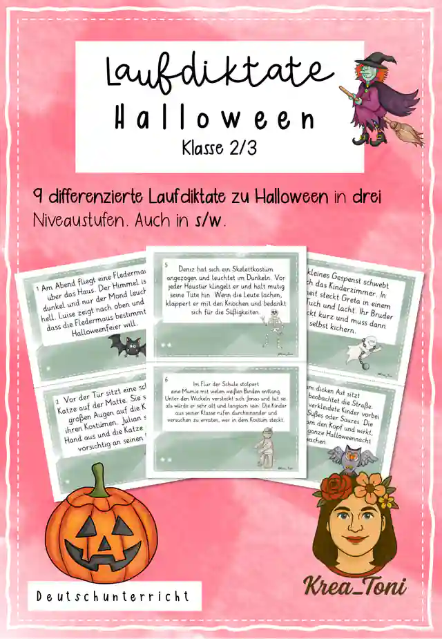 Laufdiktate Halloween Klasse 2–3 – 9 differenzierte Laufdiktate mit Schreibblättern