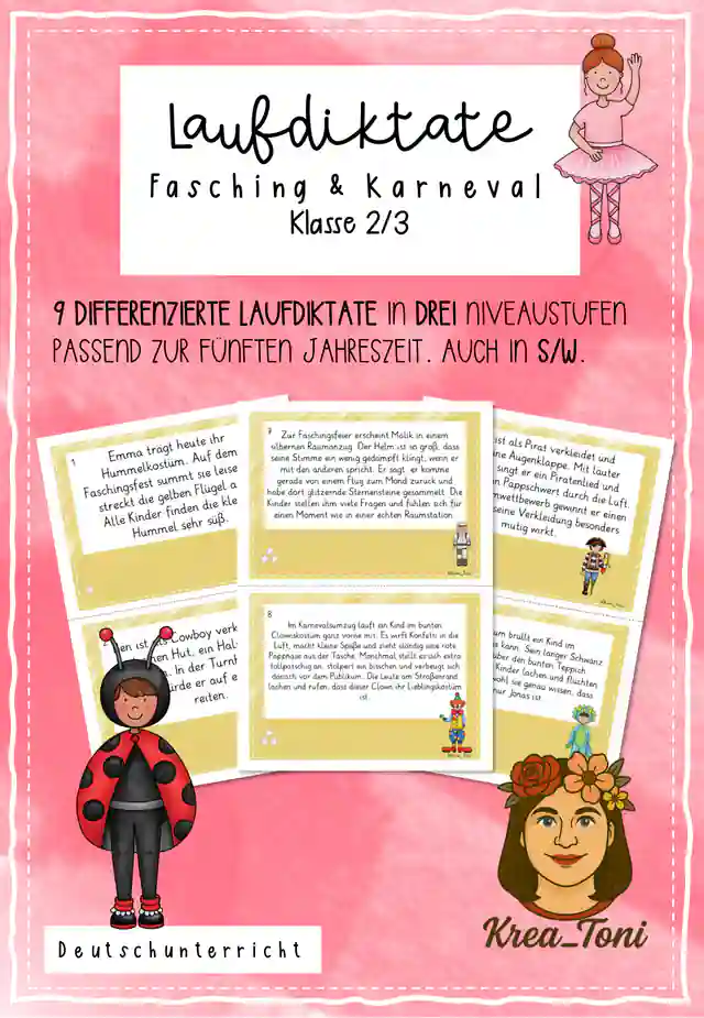9 Laufdiktate Fasching & Karneval – differenzierte Laufdiktate mit Schreibblättern (Deutsch Klasse 2, 3)