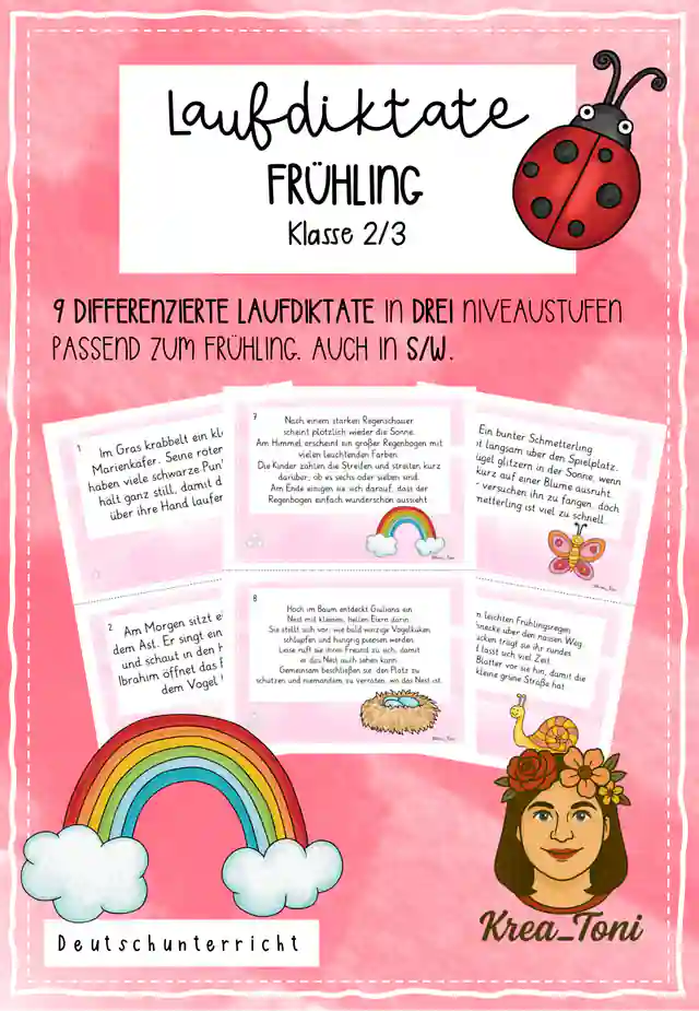 Laufdiktate Frühling Klasse 2–3 – 9 differenzierte Laufdiktate mit Schreibblättern