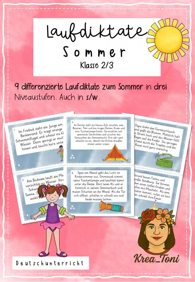 Laufdiktate Sommer – 9 differenzierte Laufdiktate mit Schreibblättern (Deutsch Klasse 2, 3)