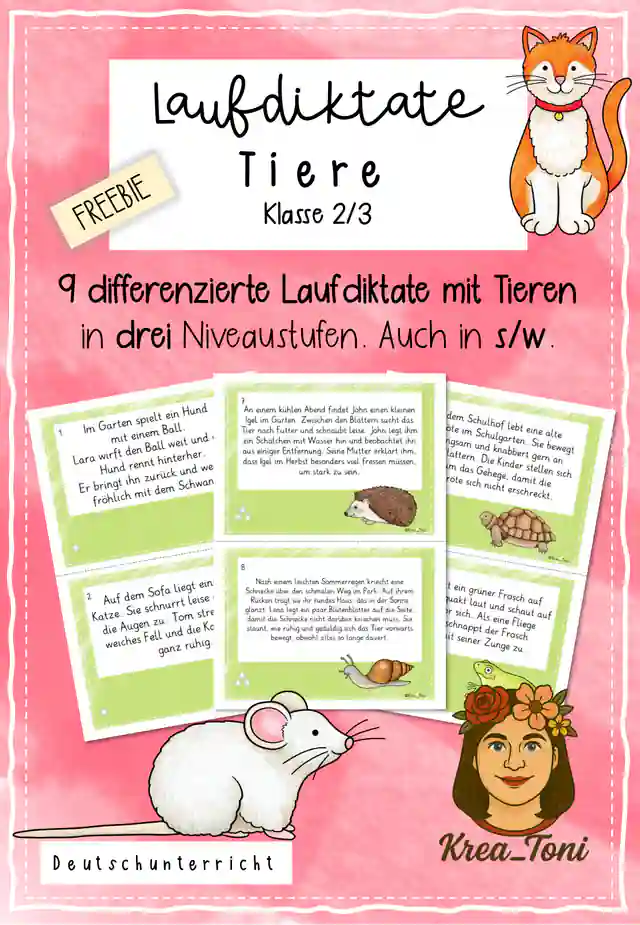 9 differenzierte Laufdiktate Tiere kostenlos (Deutsch, Klasse 2, 3)