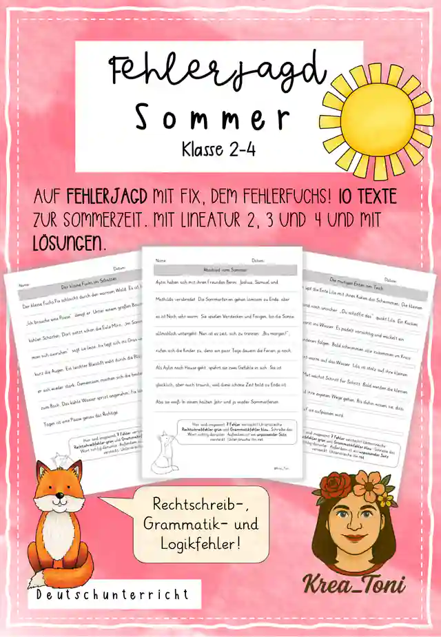 Fehlersuchtexte Sommer – Fehlerjagd mit 10 Texten & Lösungen (Deutsch Klasse 2–4)