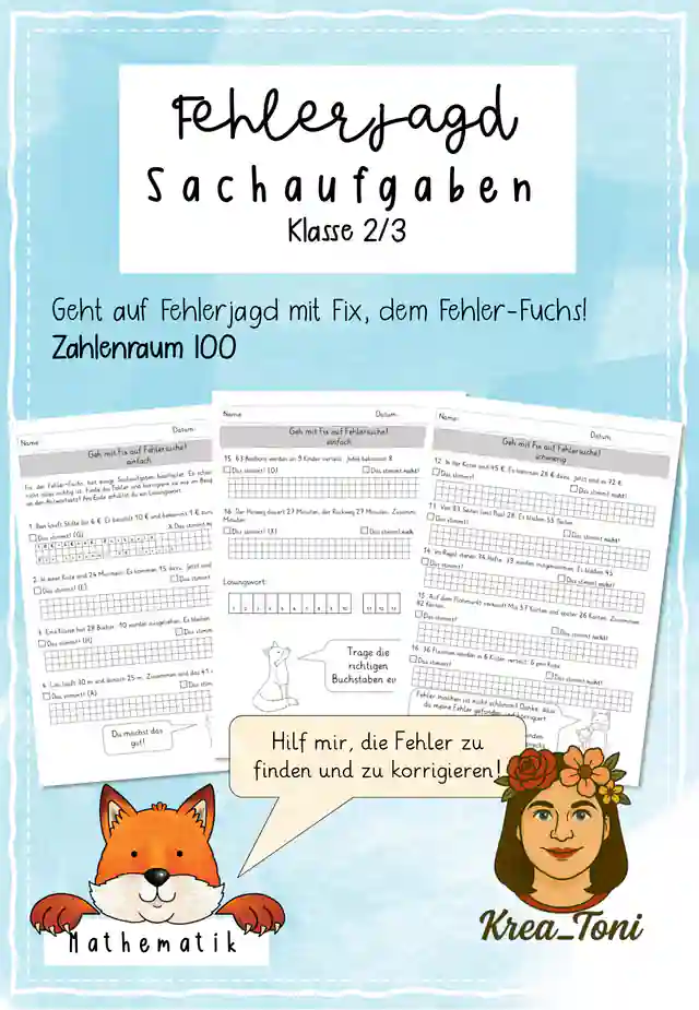 Textaufgaben Zahlenraum 100 Klasse 2–3 – Fehlerjagd zu Addition, Subtraktion, Multiplikation & Division (differenziert)