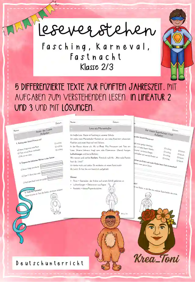Leseverständnis Fasching, & Karneval Klasse 2–3 – 5 differenzierte Texte mit Aufgaben & Lösungen zum Leseverstehen