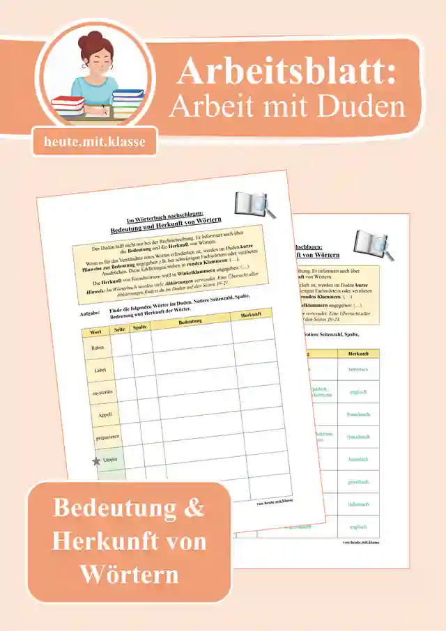 Arbeitsblatt Arbeit mit dem Duden / Wörterbuch: Bedeutung & Herkunft von Wörtern