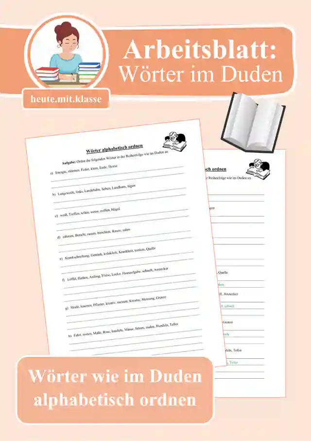 Arbeitsblatt: Wörter alphabetisch ordnen & Anordnung der Wörter im Duden (Wörterbuch)