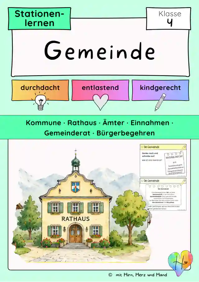 Gemeinde Klasse 4 | HSU & Sachunterricht · Stationenlernen mit Lösungen zur Probevorbereitung