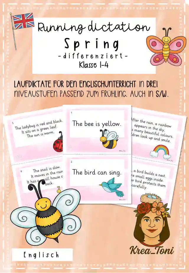 Running Dictation Spring (Walk and write) – 9 differenzierte Laufdiktate (Englisch Grundschule)
