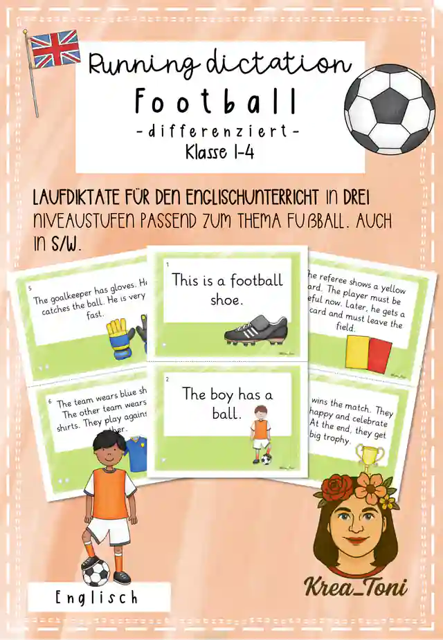 Running Dictation Football (Walk and write) – 9 differenzierte Laufdiktate zu Fußball, Englisch, Klasse 1-4
