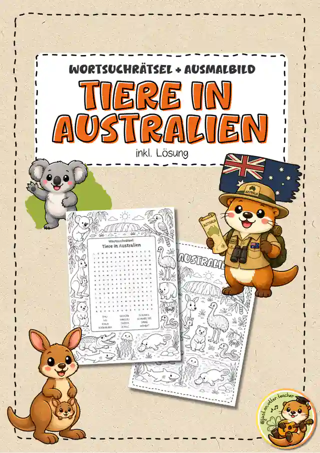Tiere in Australien Wortsuchrätsel & Ausmalbild ⎪Suchsel Sachunterricht