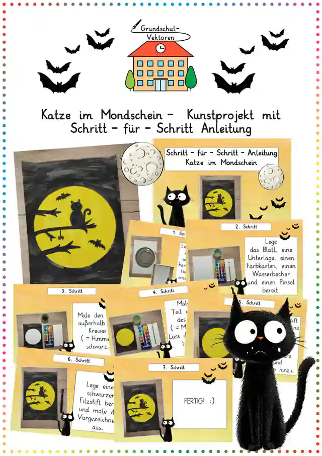 Katze im Mondschein- Kunstprojekt mit Schritt-für-Schritt Anleitung (Kunst, Klasse 3/4)