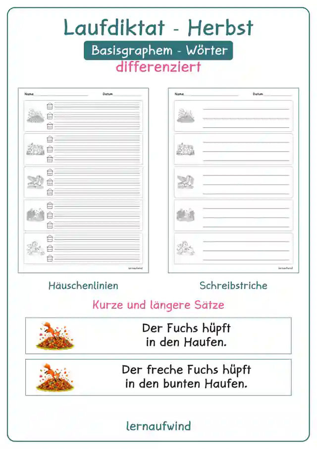 Laufdiktat Herbst – Lesen und Schreiben mit Basisgraphem-Wörtern | differenziert